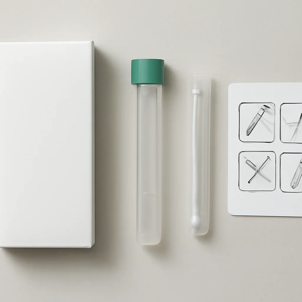 Microbiome stool sample kit with collection guide on a clean countertop
