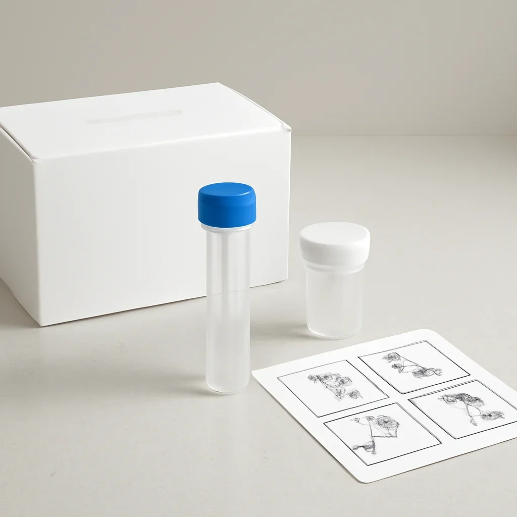 Microbiome stool sample kit with collection guide on a clean countertop