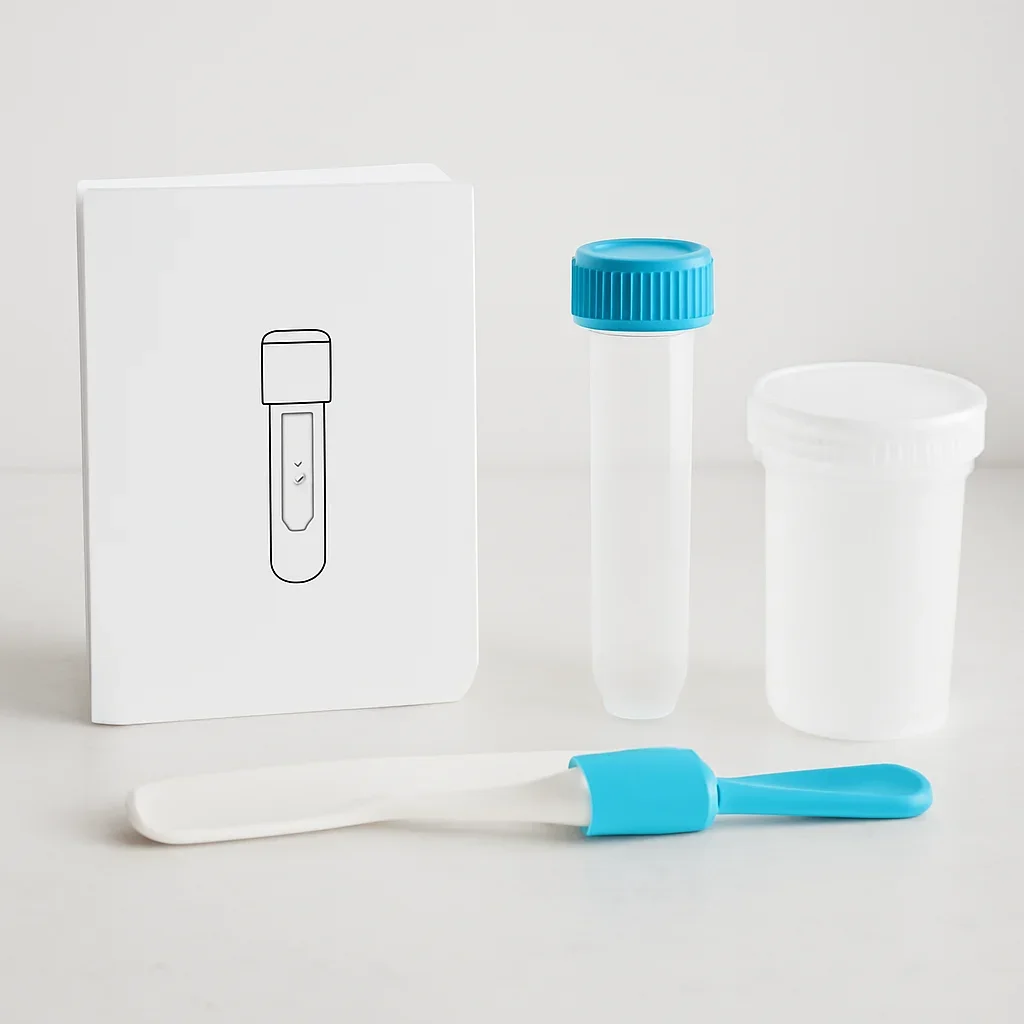 Microbiome stool sample kit with collection guide on a clean countertop