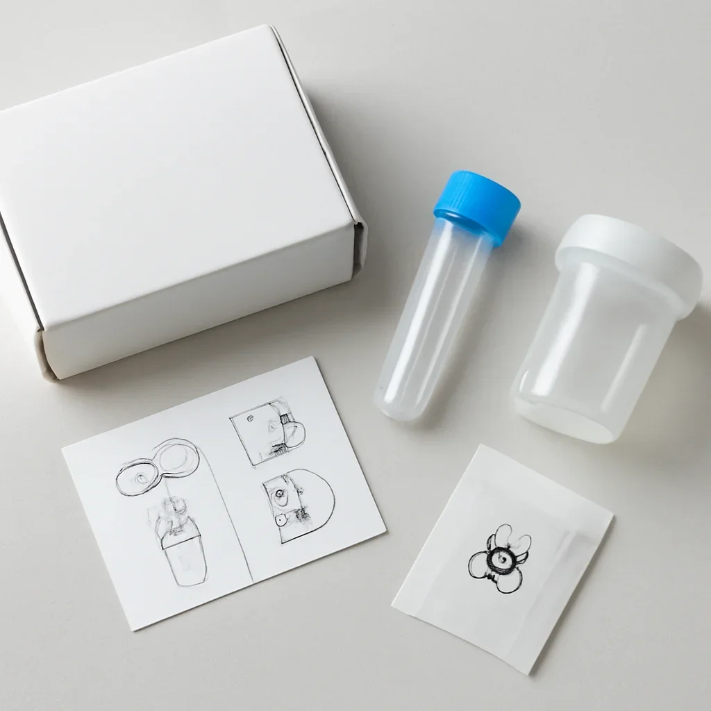 Microbiome stool sample kit with collection guide on a clean countertop