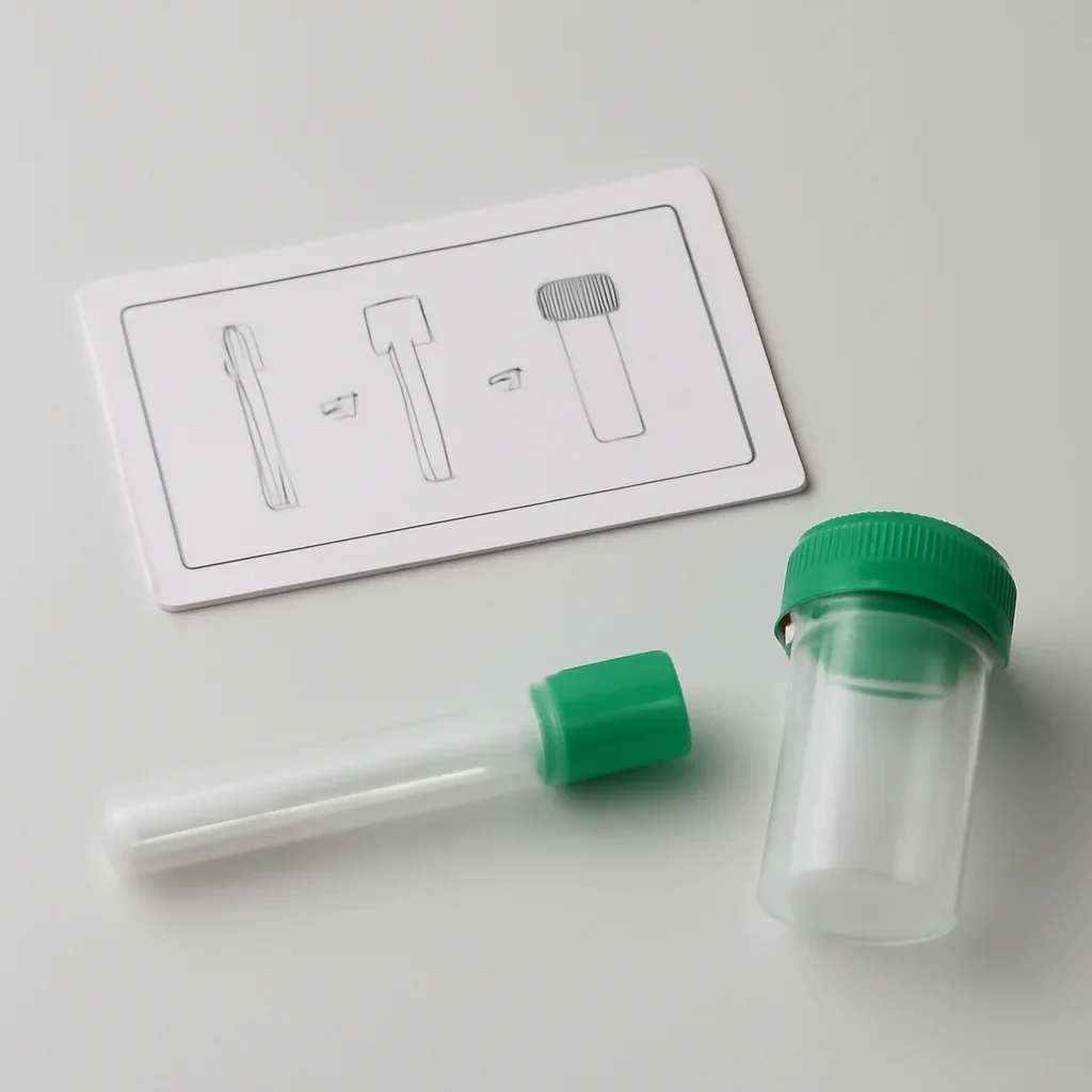 Microbiome stool sample kit with collection guide on a clean countertop