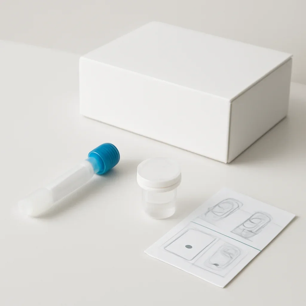 Microbiome stool sample kit with collection guide on a clean countertop