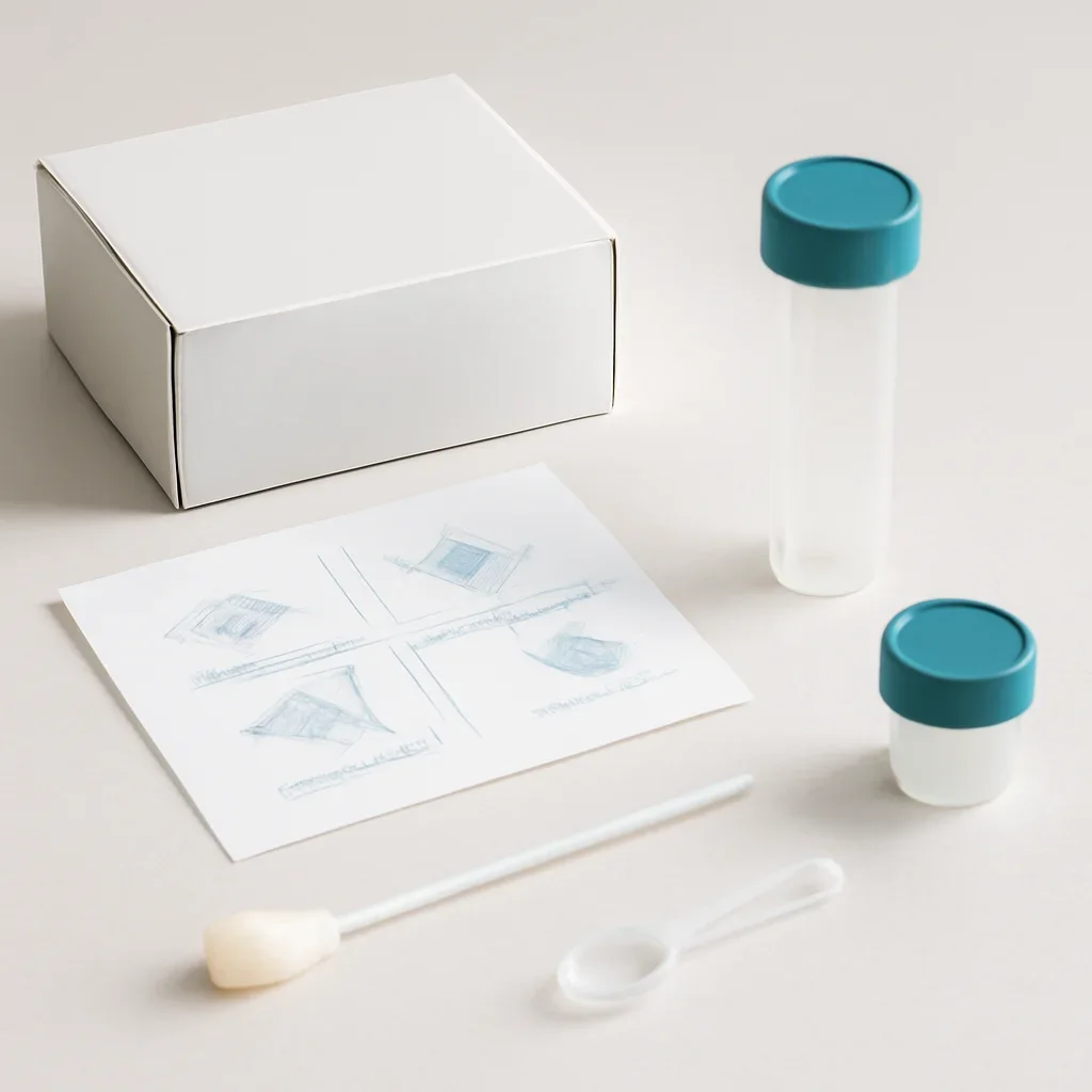 Microbiome stool sample kit with collection guide on a clean countertop