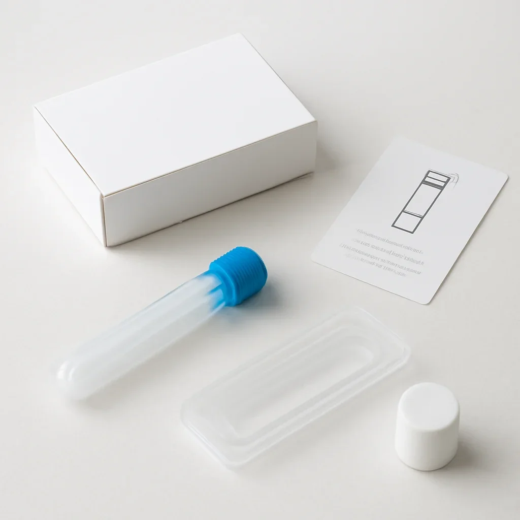 Microbiome stool sample kit with collection guide on a clean countertop