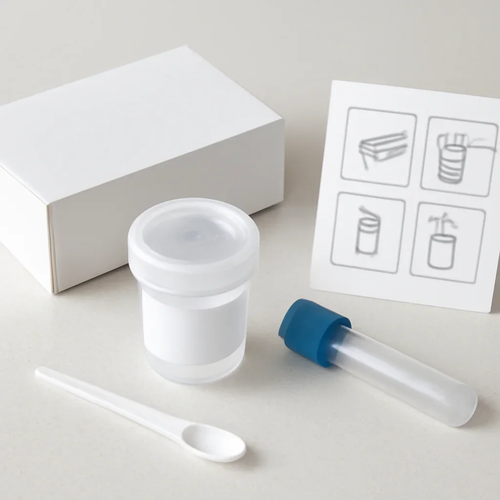 Microbiome stool sample kit with collection guide on a clean countertop