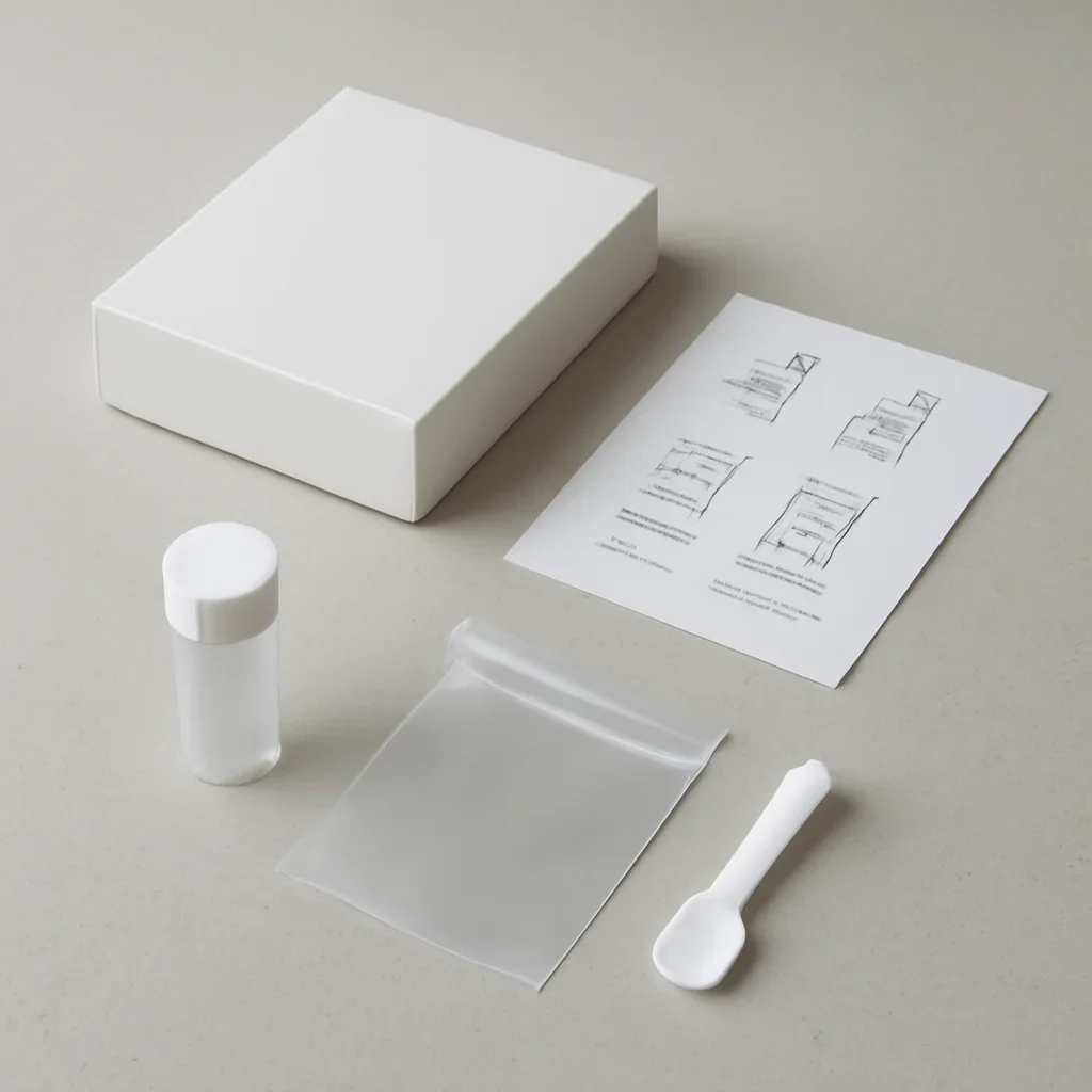 Microbiome stool sample kit with collection guide on a clean countertop