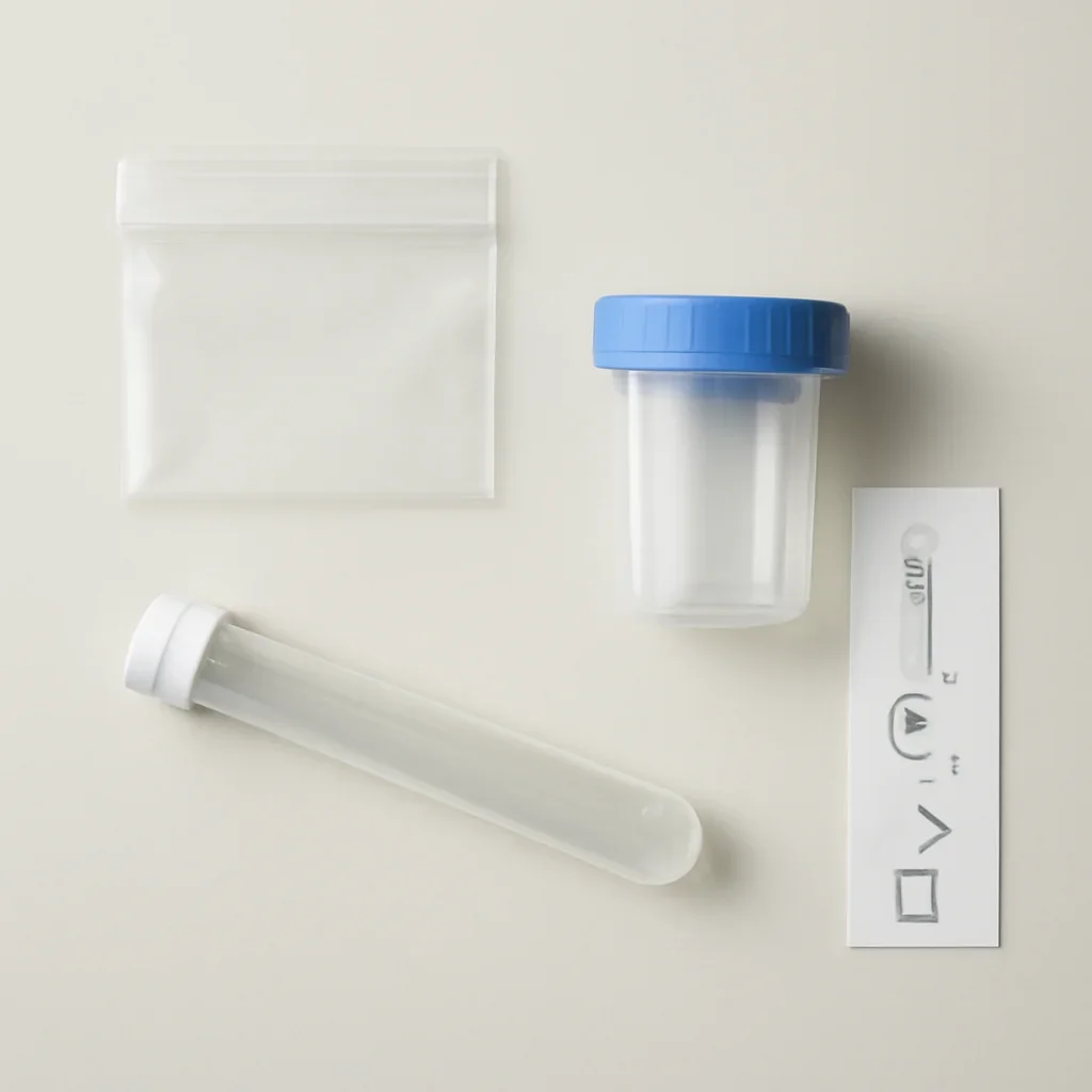 Microbiome stool sample kit with collection guide on a clean countertop