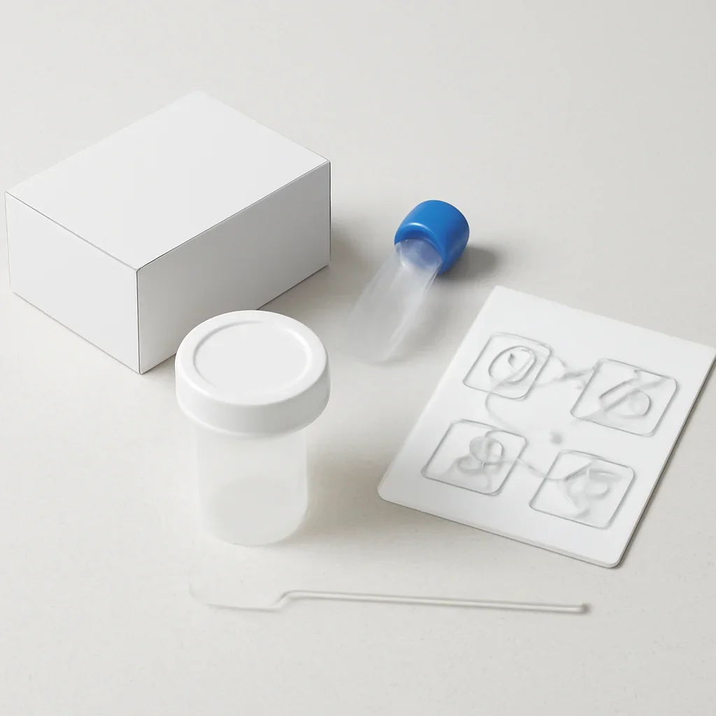 Microbiome stool sample kit with collection guide on a clean countertop