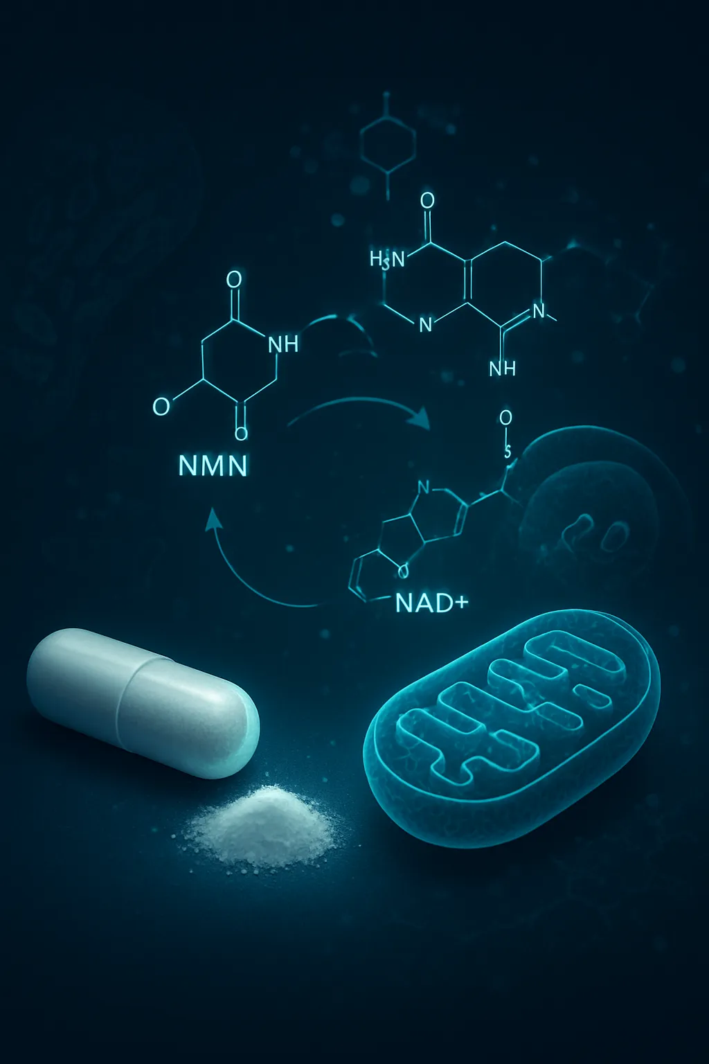 NMN, NAD plus and cellular energy metabolism concept