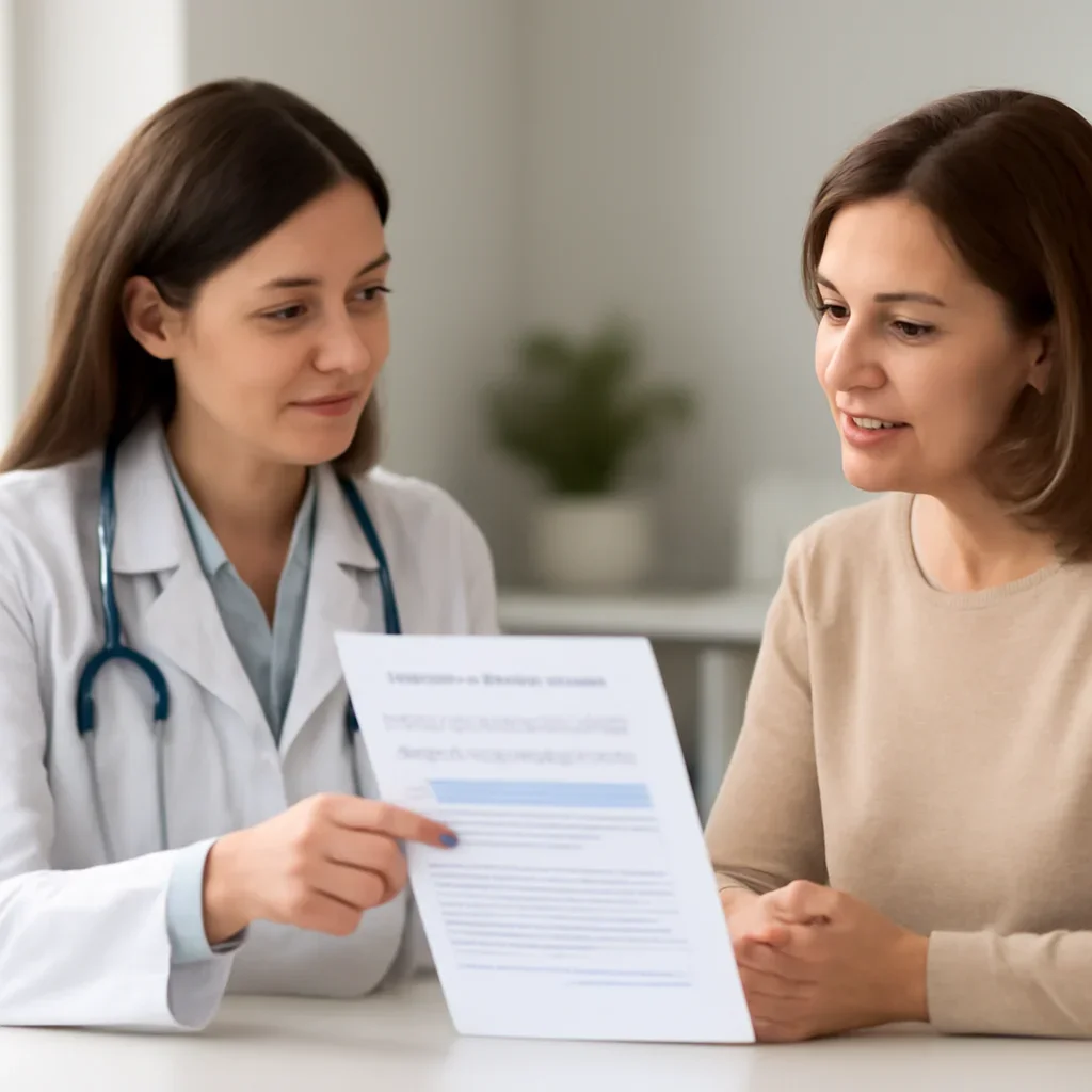 Clinician and patient discussing a medication-focused genetic report