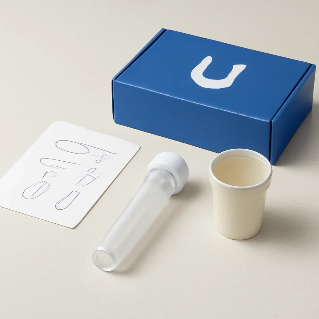 Microbiome stool sample kit with collection guide on a clean countertop