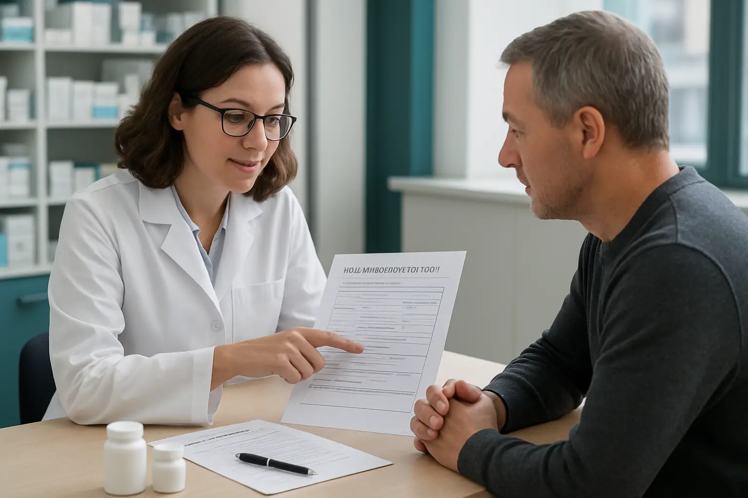 Canadian pharmacist reviewing a pharmacogenetic report and medication list with a patient