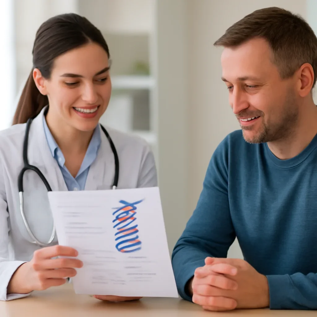 Clinician and patient discussing a medication-focused genetic report