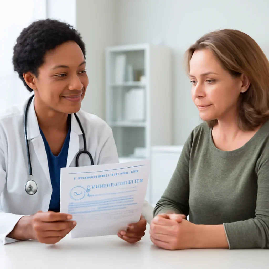 Clinician and patient discussing a medication-focused genetic report
