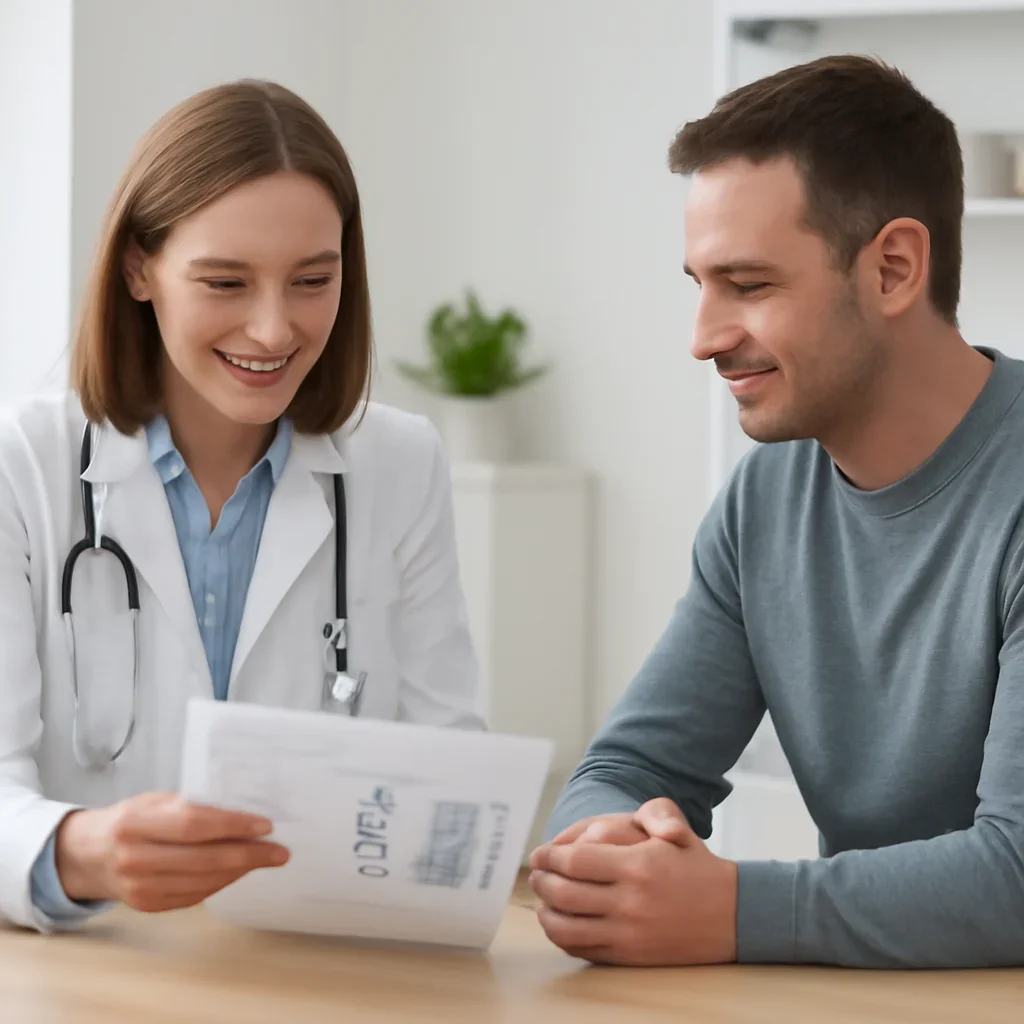 Clinician and patient discussing a medication-focused genetic report