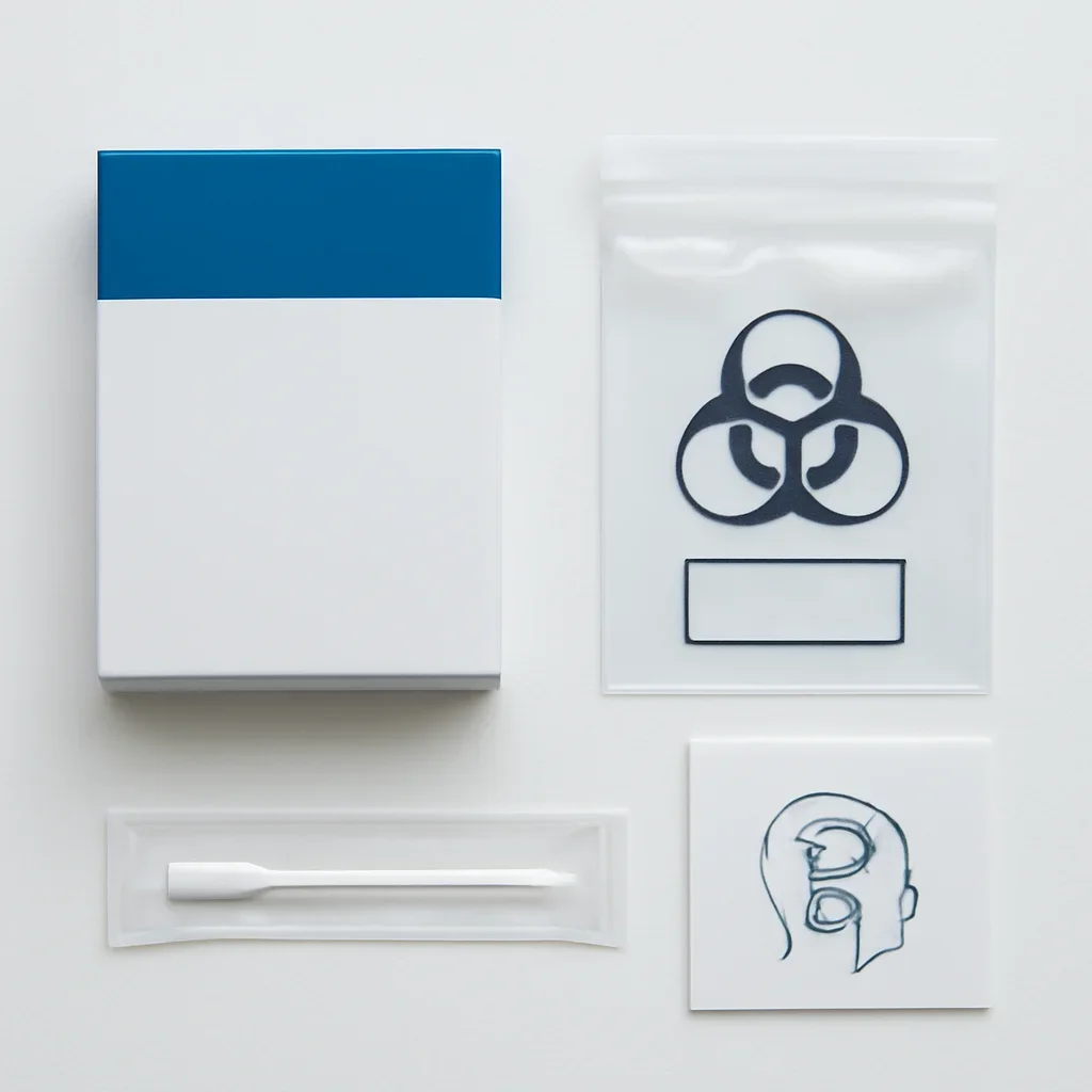 Close view of a home pharmacogenetic testing kit and instructions