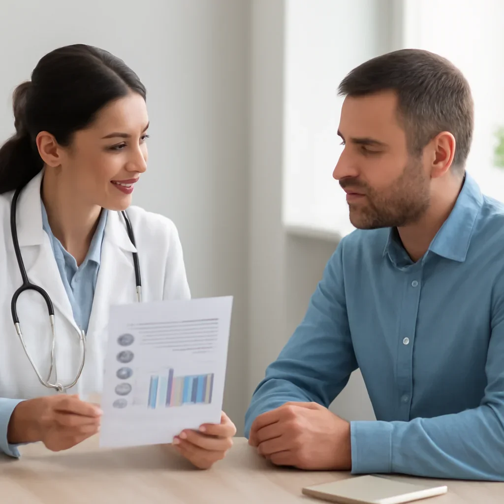 Clinician and patient discussing a medication-focused genetic report