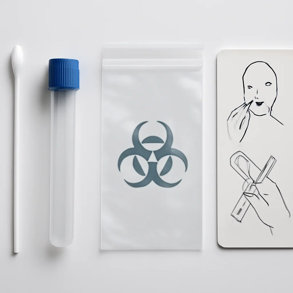 Close view of a home pharmacogenetic testing kit and instructions