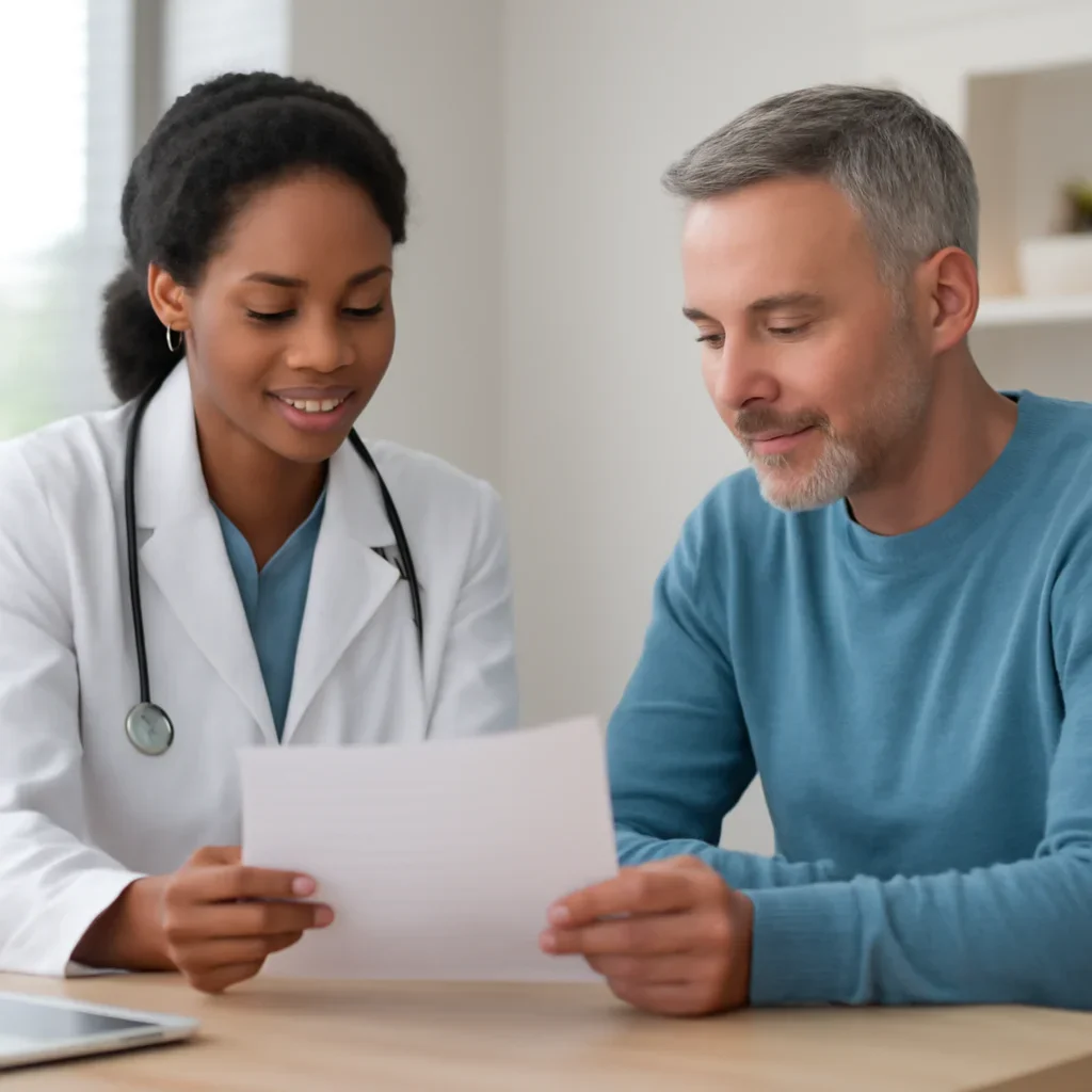 Clinician and patient discussing a medication-focused genetic report