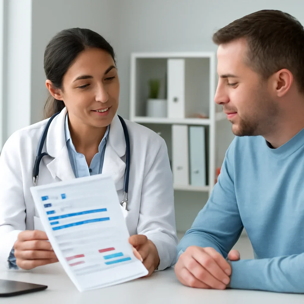 Clinician and patient discussing a medication-focused genetic report
