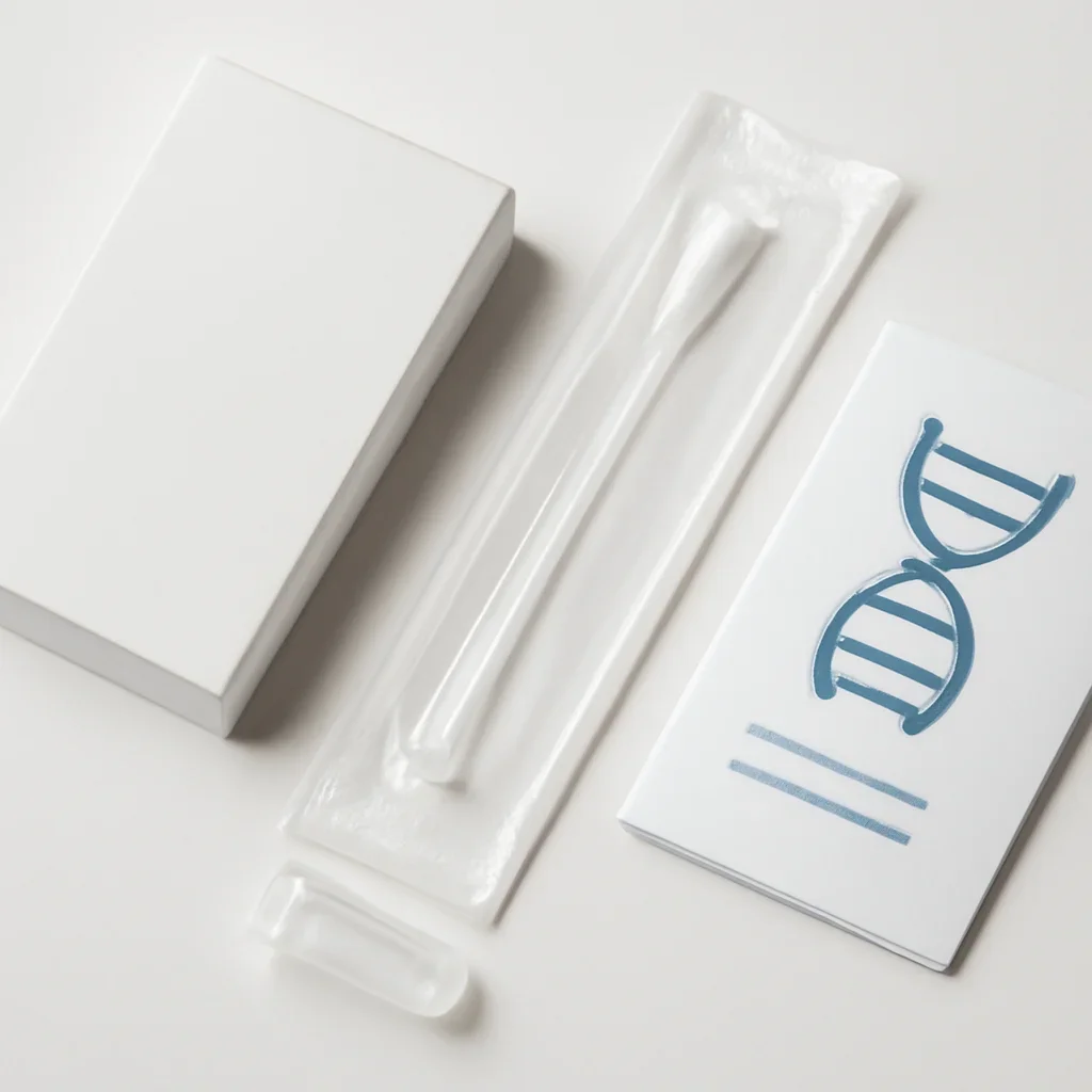 Close view of a home pharmacogenetic testing kit and instructions