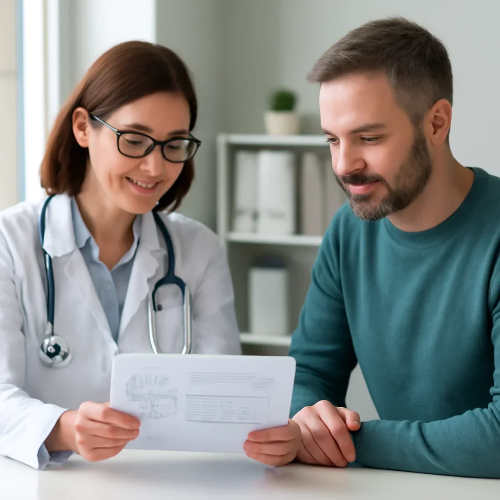 Canadian healthcare professional discussing a medication-focused genetic report with a patient