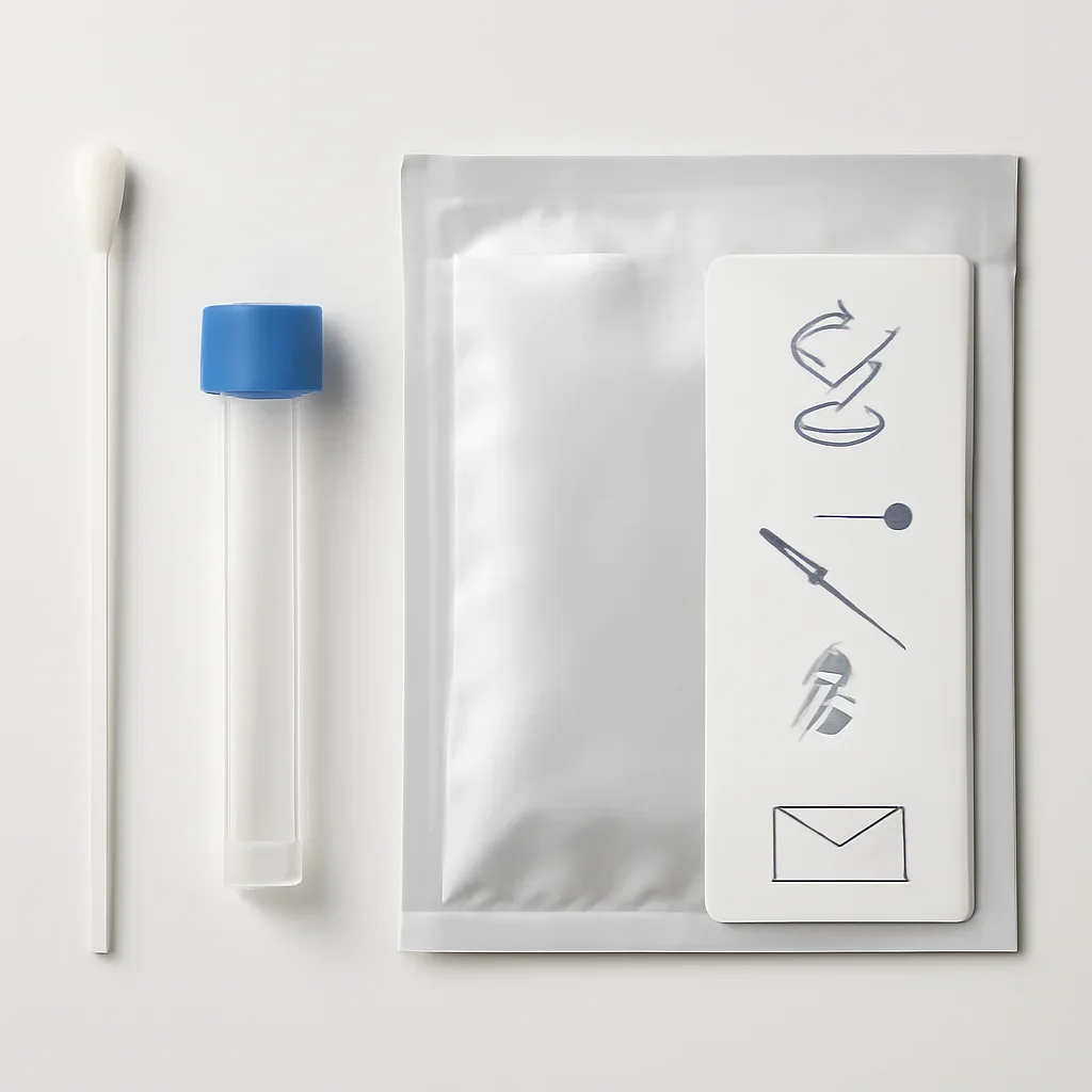 Close view of a home pharmacogenetic testing kit and instructions