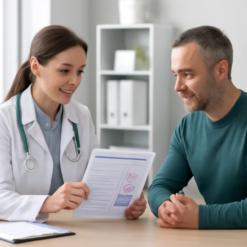 Clinician and patient discussing a medication-focused genetic report