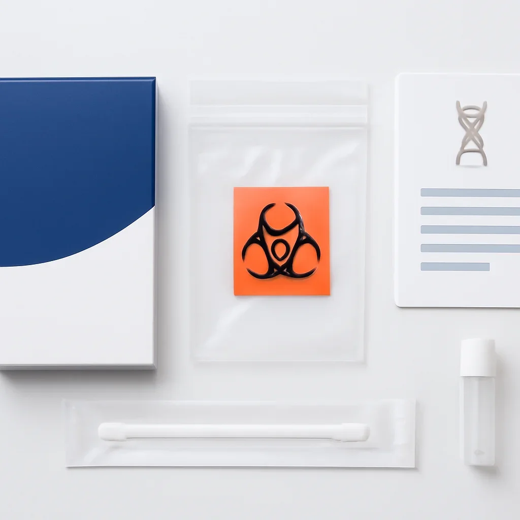 Close view of a home pharmacogenetic testing kit and instructions