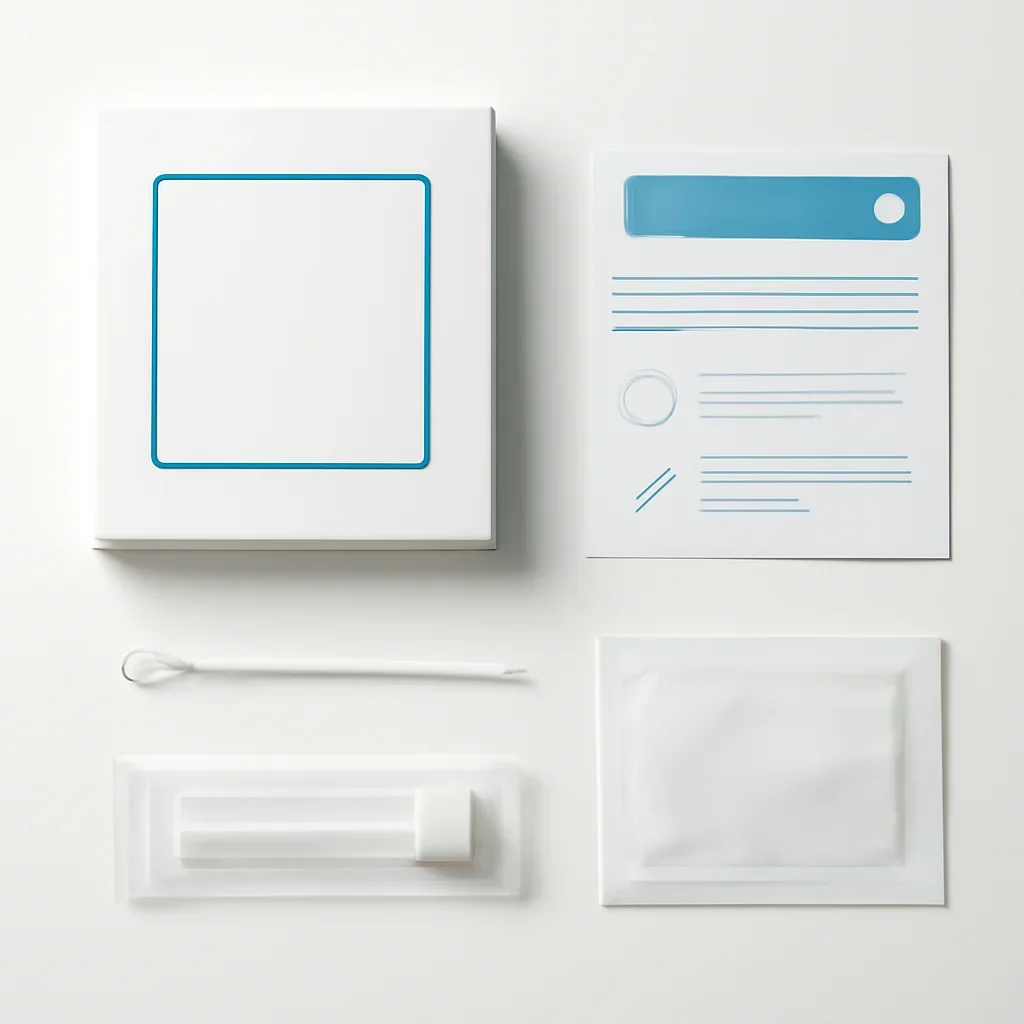 Close view of a home pharmacogenetic testing kit and instructions
