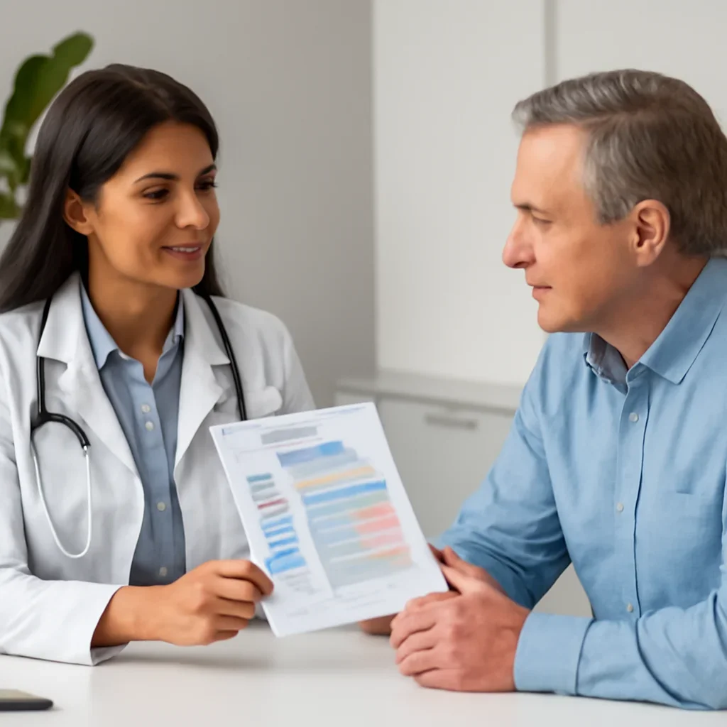 Clinician and patient discussing a medication-focused genetic report
