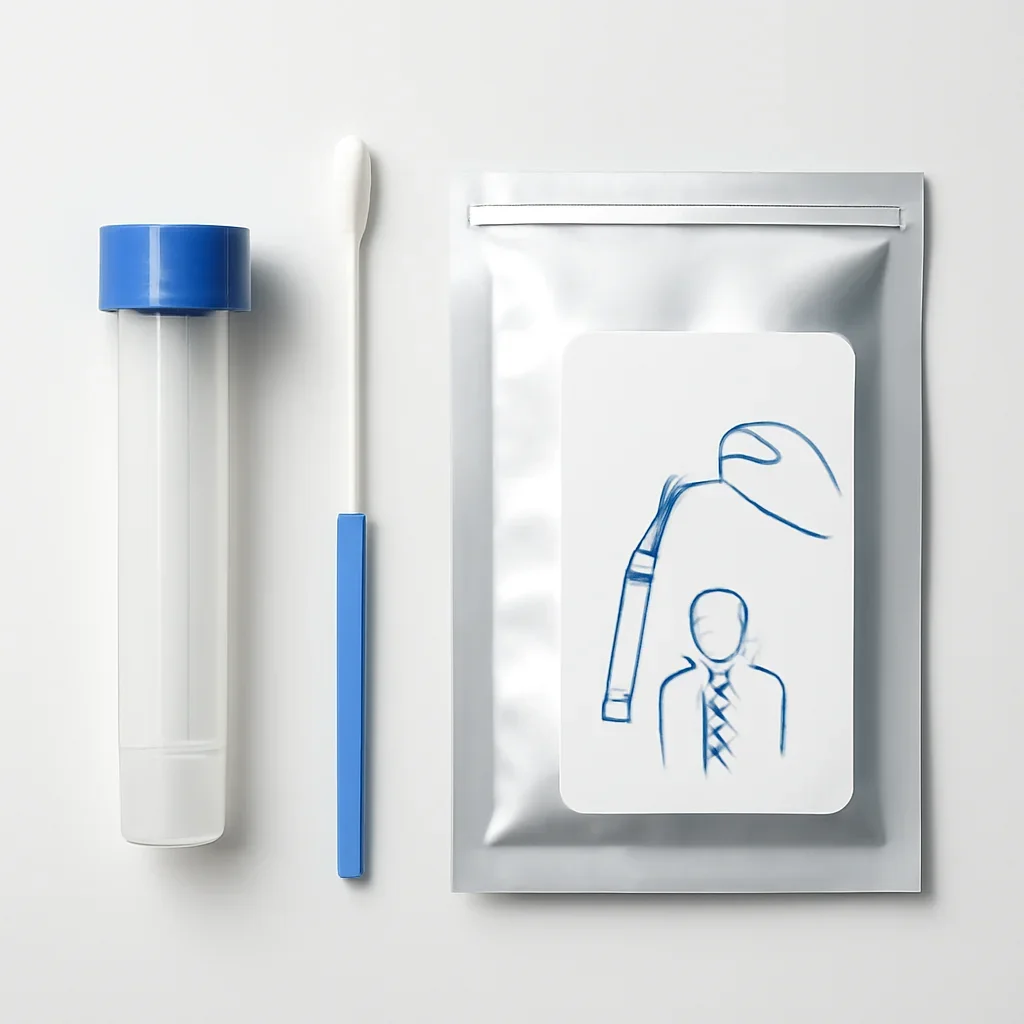 Close view of a home pharmacogenetic testing kit and instructions