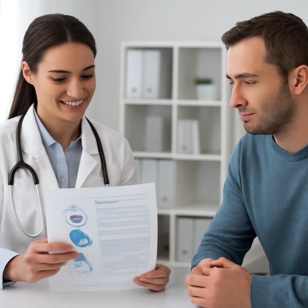 Clinician and patient discussing a medication-focused genetic report