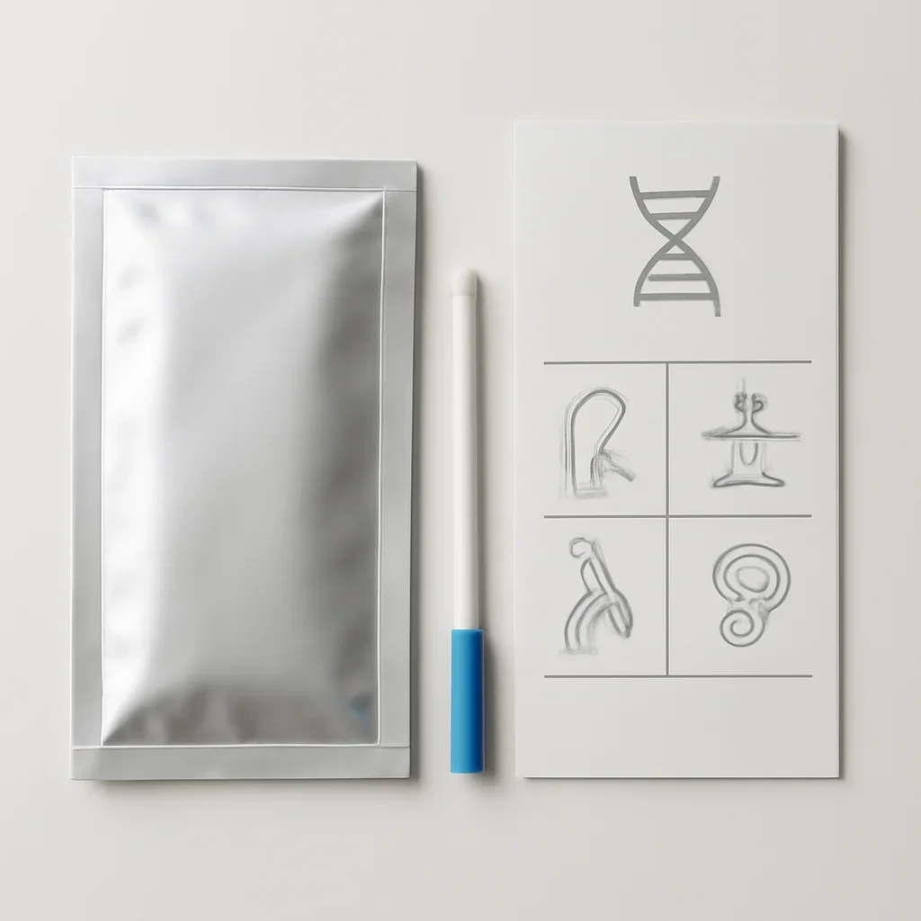 Close view of a home pharmacogenetic testing kit and instructions