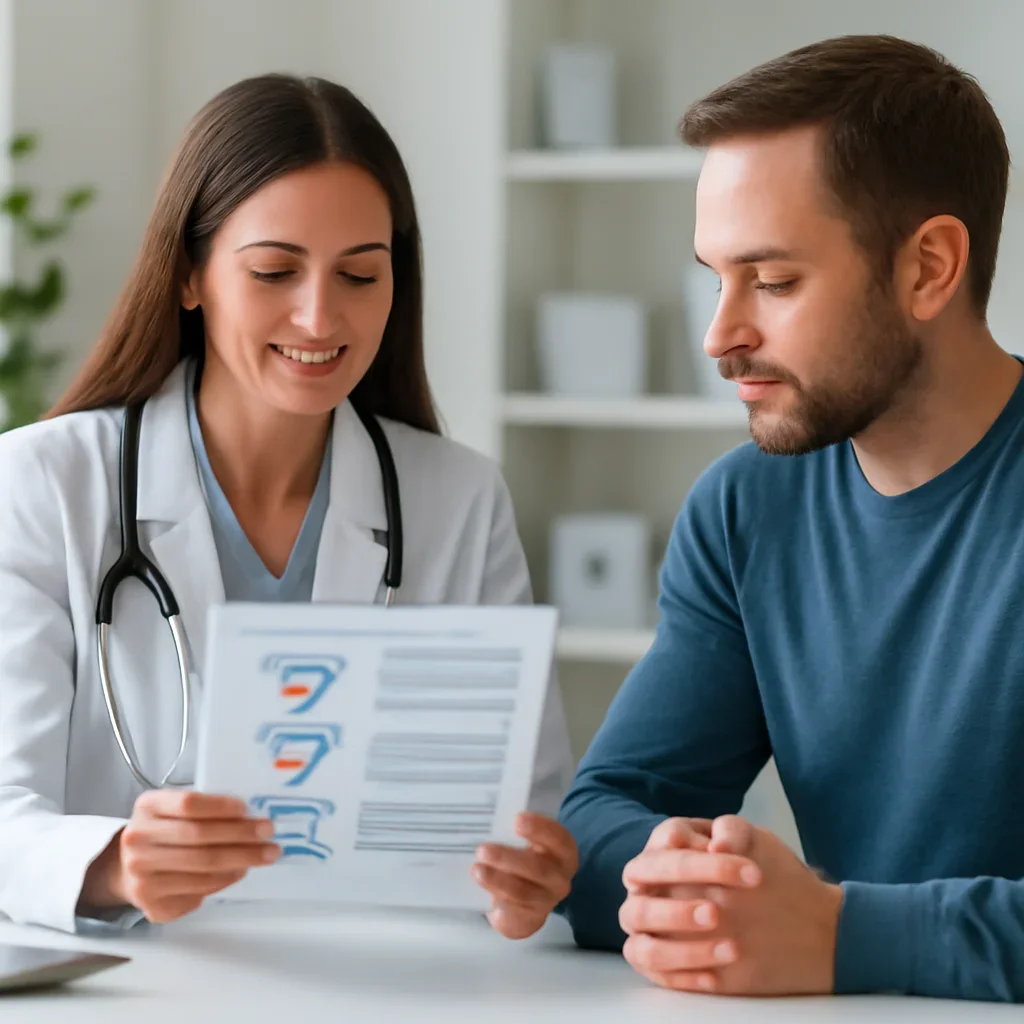 Clinician and patient discussing a medication-focused genetic report