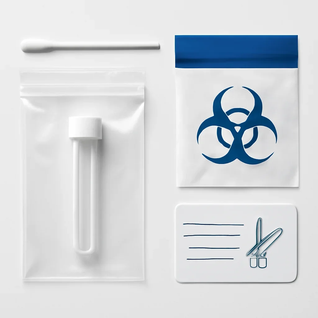 Close view of a home pharmacogenetic testing kit and instructions
