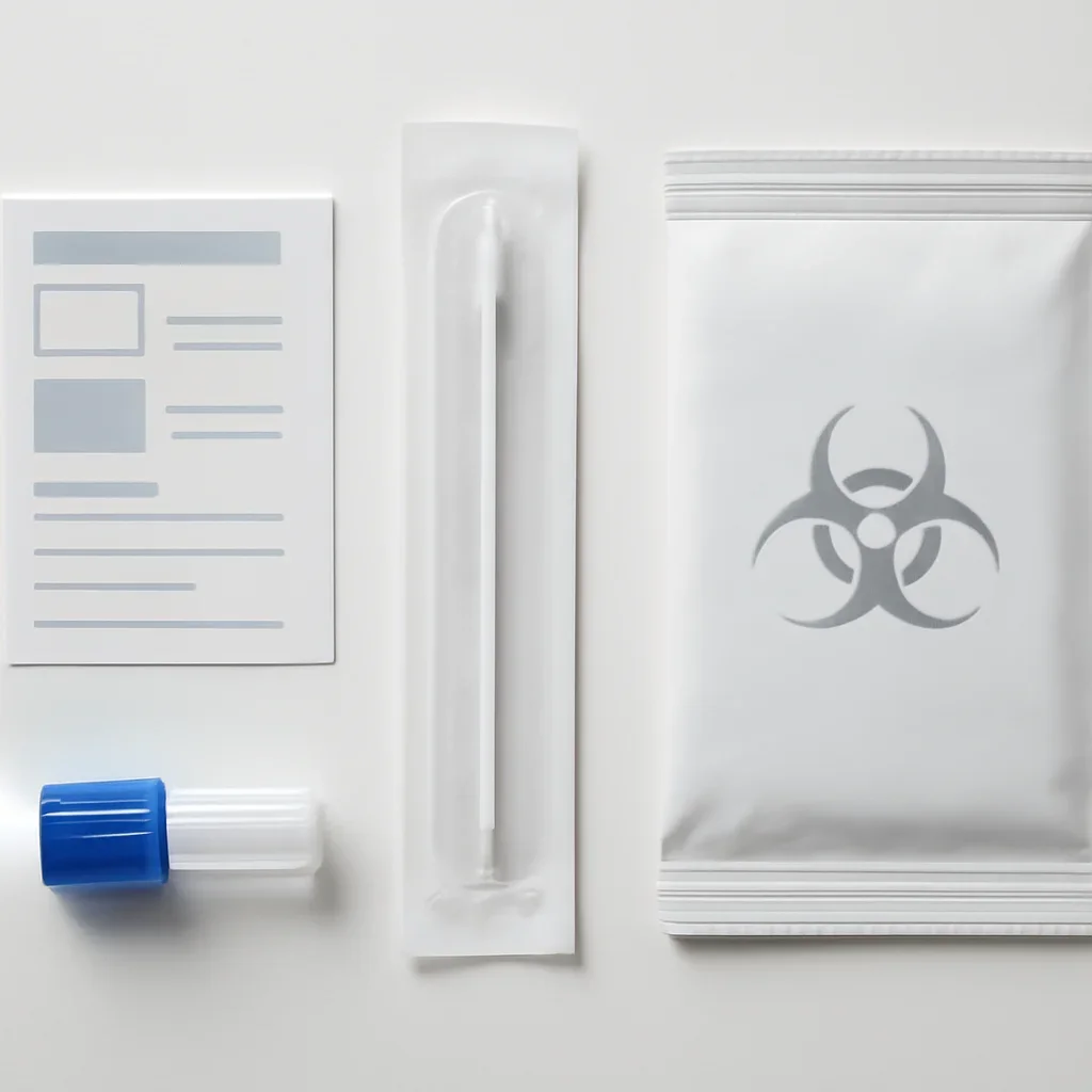 Close view of a home pharmacogenetic testing kit and instructions