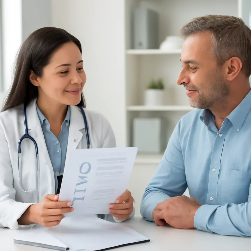 Clinician and patient discussing a medication-focused genetic report