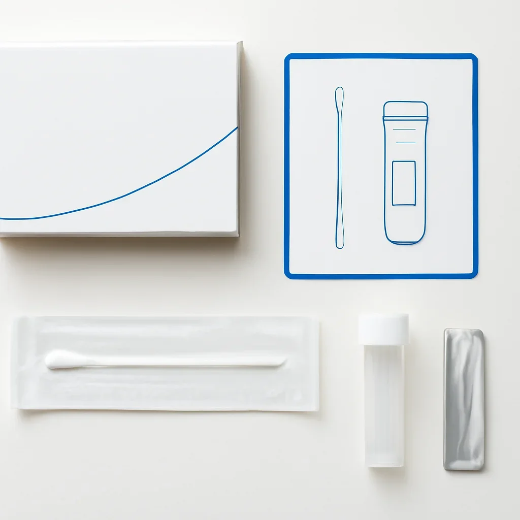 Close view of a home pharmacogenetic testing kit and instructions