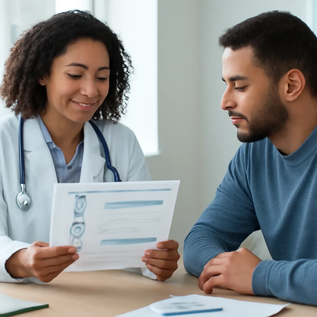 Clinician and patient discussing a medication-focused genetic report