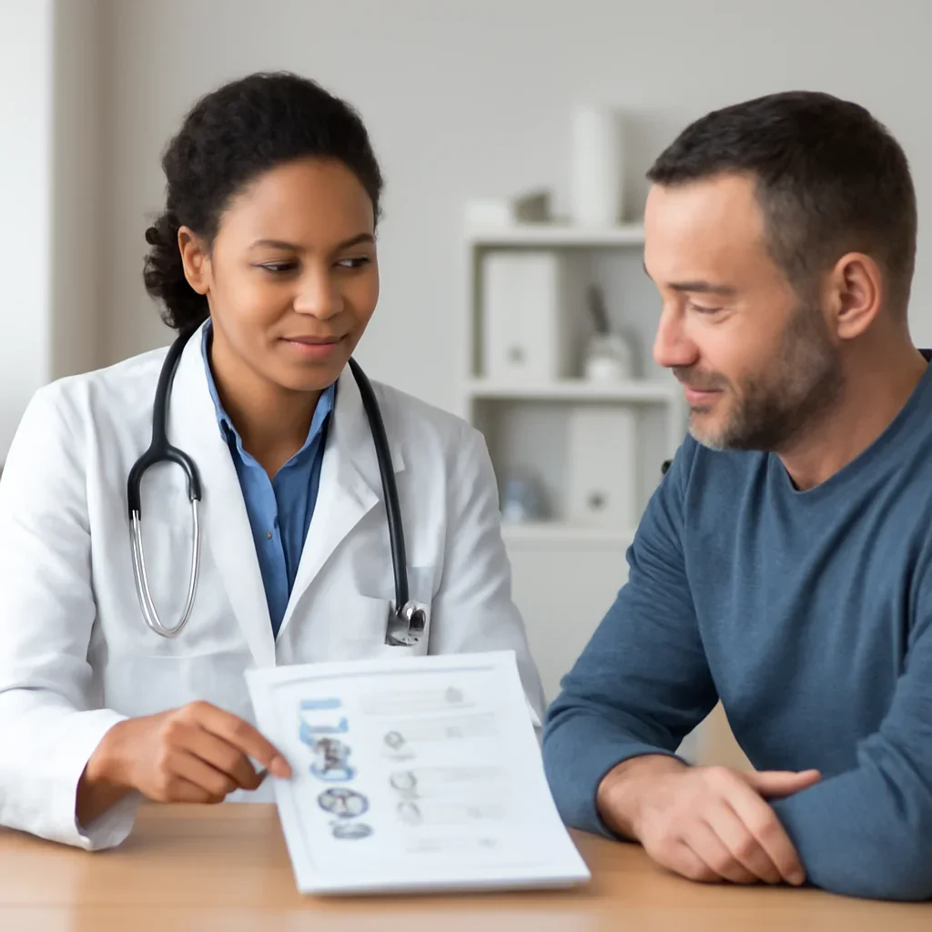 Clinician and patient discussing a medication-focused genetic report