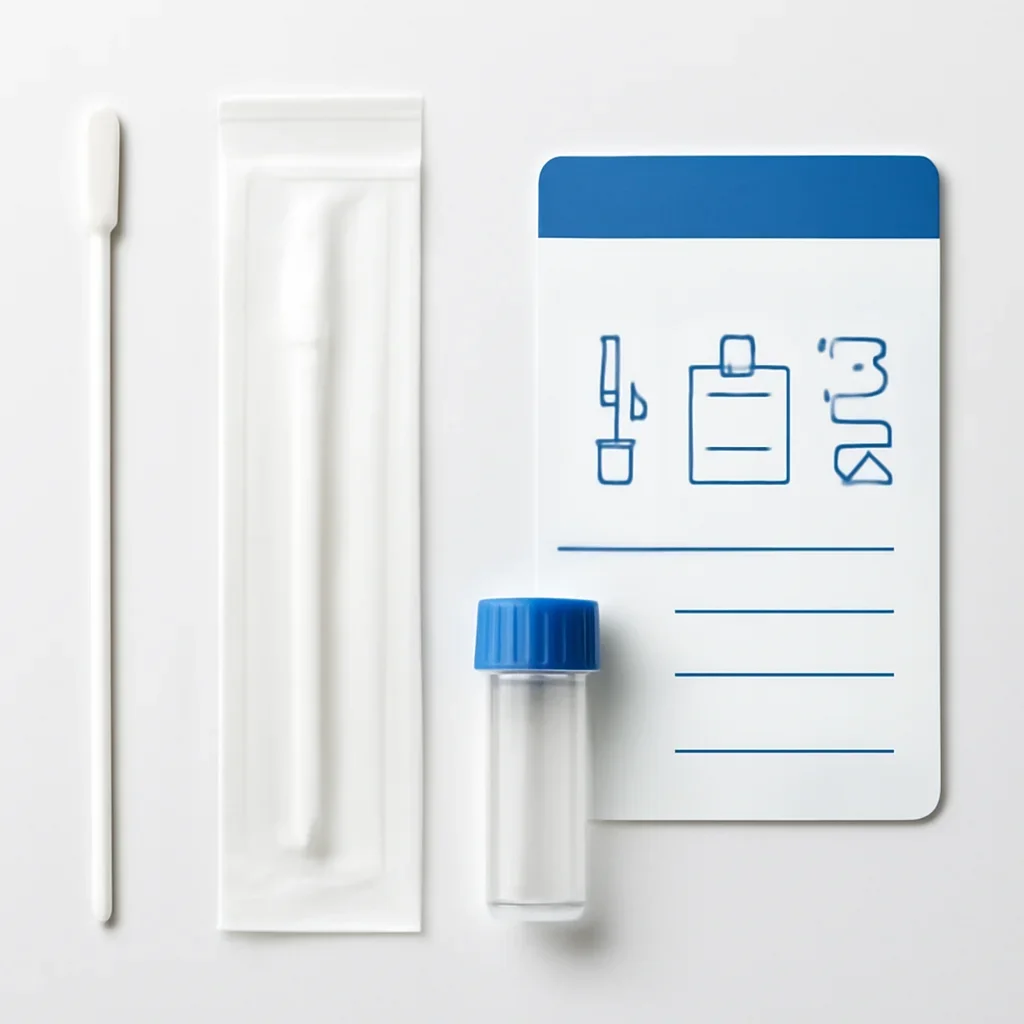 Close view of a home pharmacogenetic testing kit and instructions