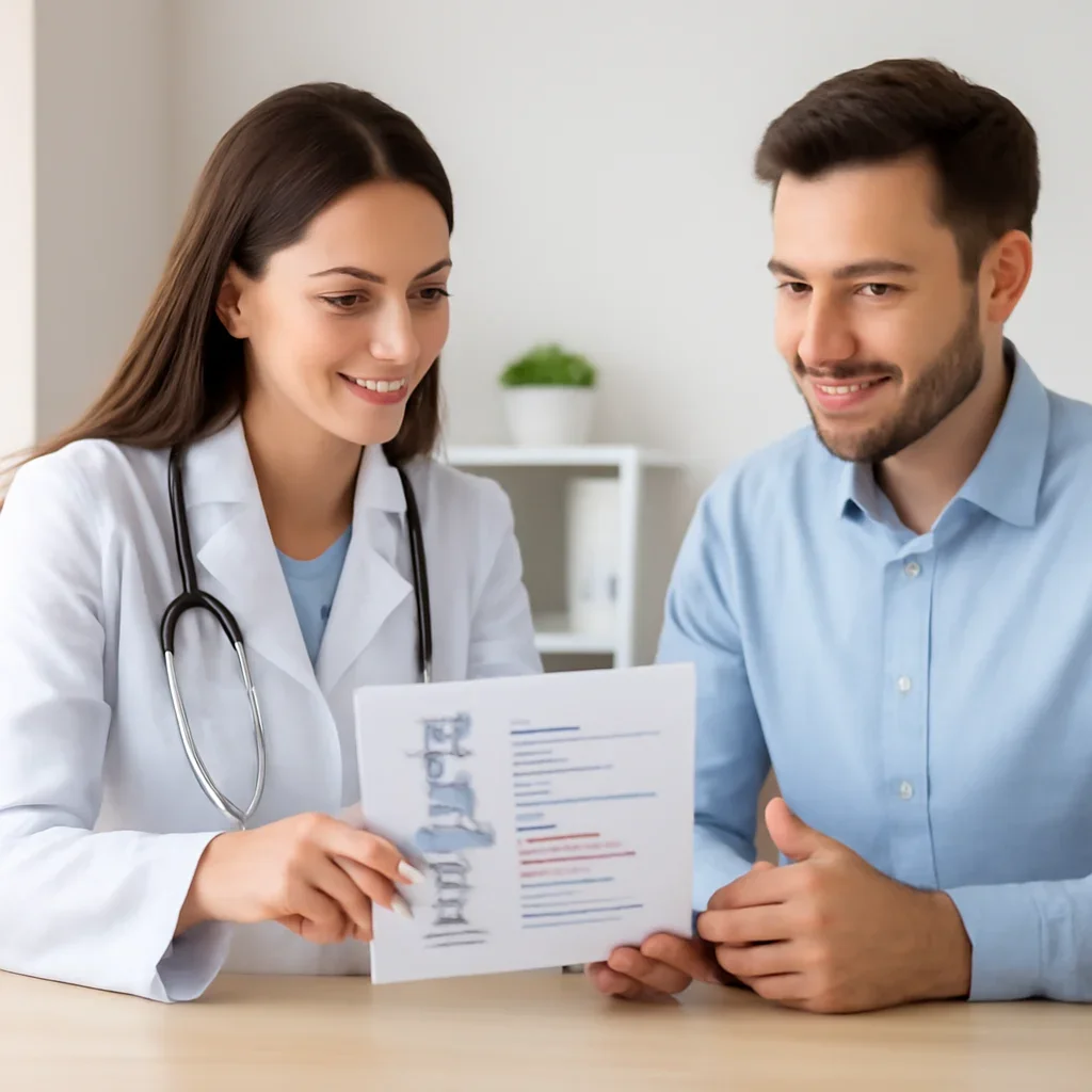Clinician and patient discussing a medication-focused genetic report