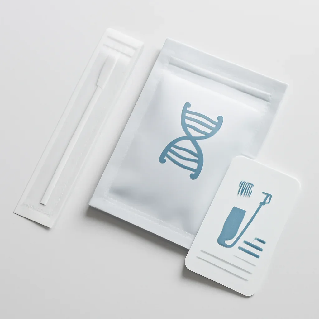 Close view of a home pharmacogenetic testing kit and instructions