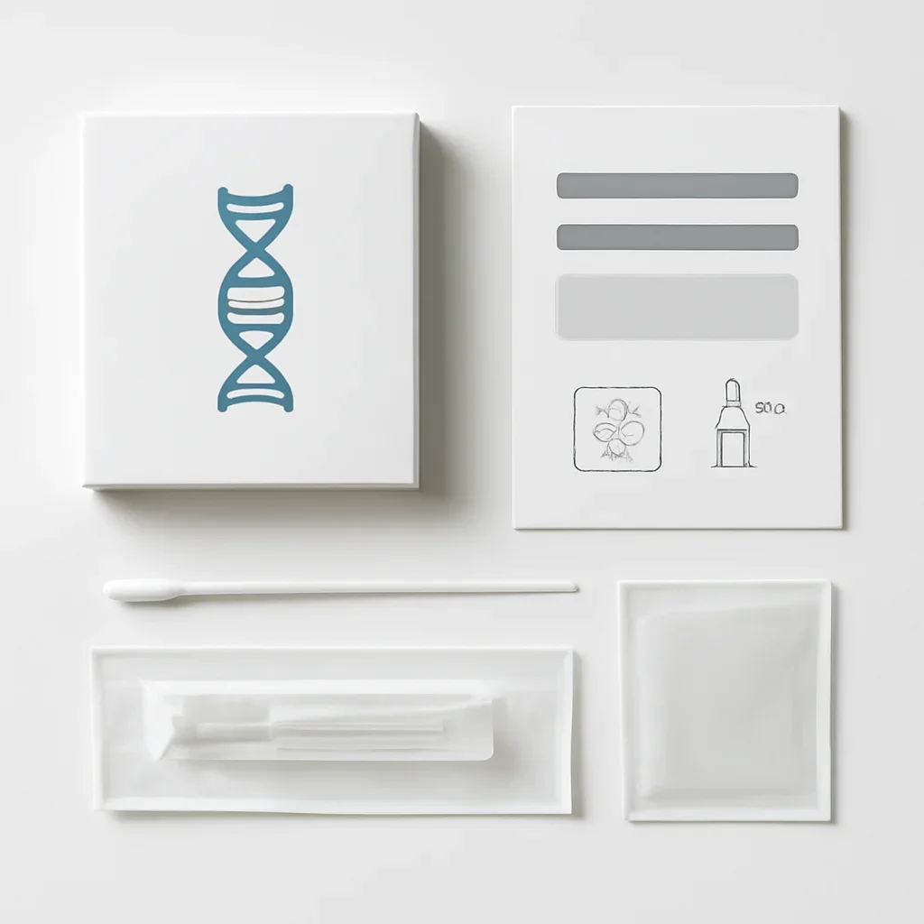 Close view of a home pharmacogenetic testing kit and instructions