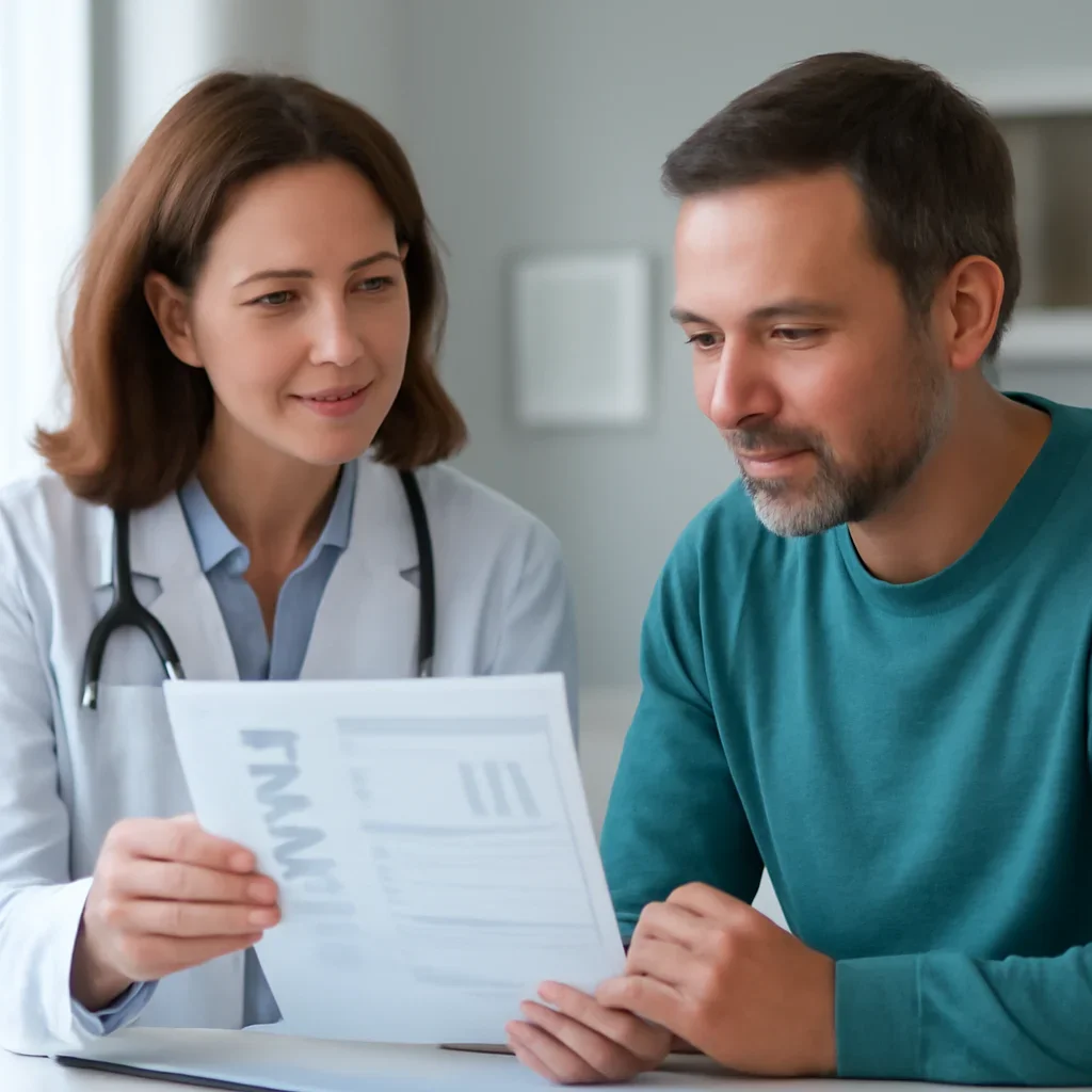 Clinician and patient discussing a medication-focused genetic report