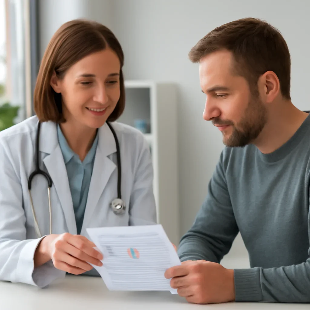 Clinician and patient discussing a medication-focused genetic report