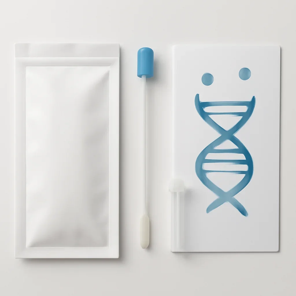 Close view of a home pharmacogenetic testing kit and instructions