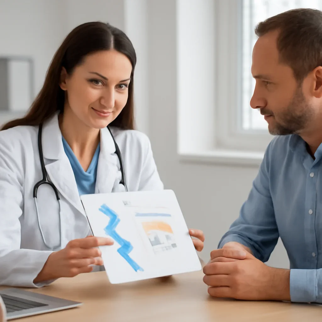 Clinician and patient discussing a medication-focused genetic report