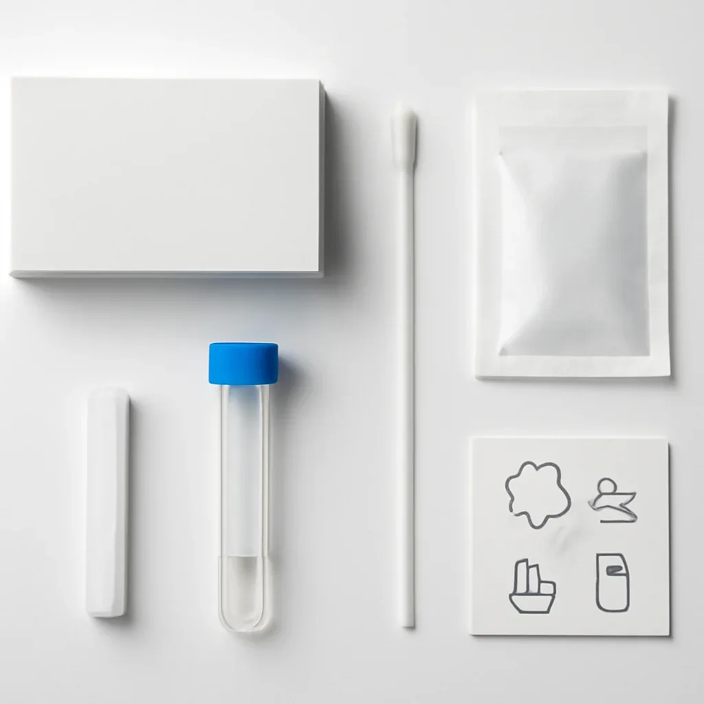 Close view of a home pharmacogenetic testing kit and instructions
